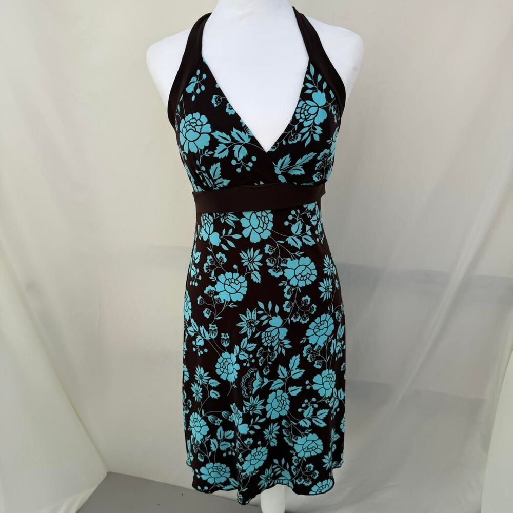 Body Central Y2K Chocolate Brown & Teal Floral Halter Dress Women's M Kawaii Y2K